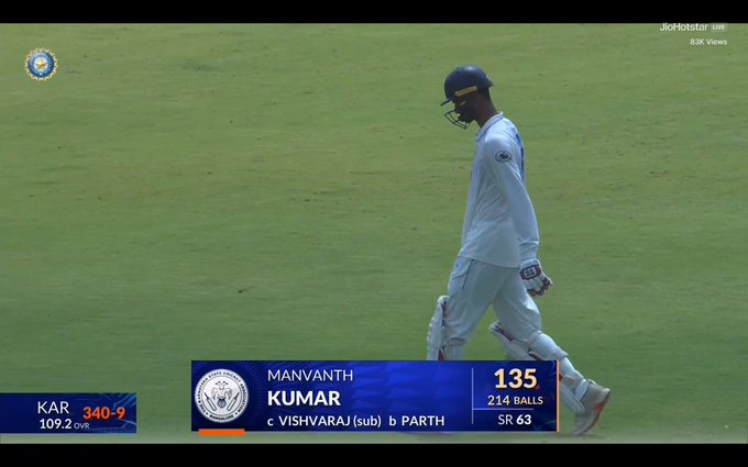 Clutchsportsz's tweet photo. MANVANTH KUMAR - A STAR IN THE MAKING! 

Ranji Trophy: Karnataka were 194/8.

Coming in at No. 9, in just his 2nd first-class match, the 22-year-old smashed a stunning 135 runs! 

#ManvanthKumar #Karnataka #RanjiTrophy #IndianCricket #CricketTwitter https://t.co/eWjiFHSzaP