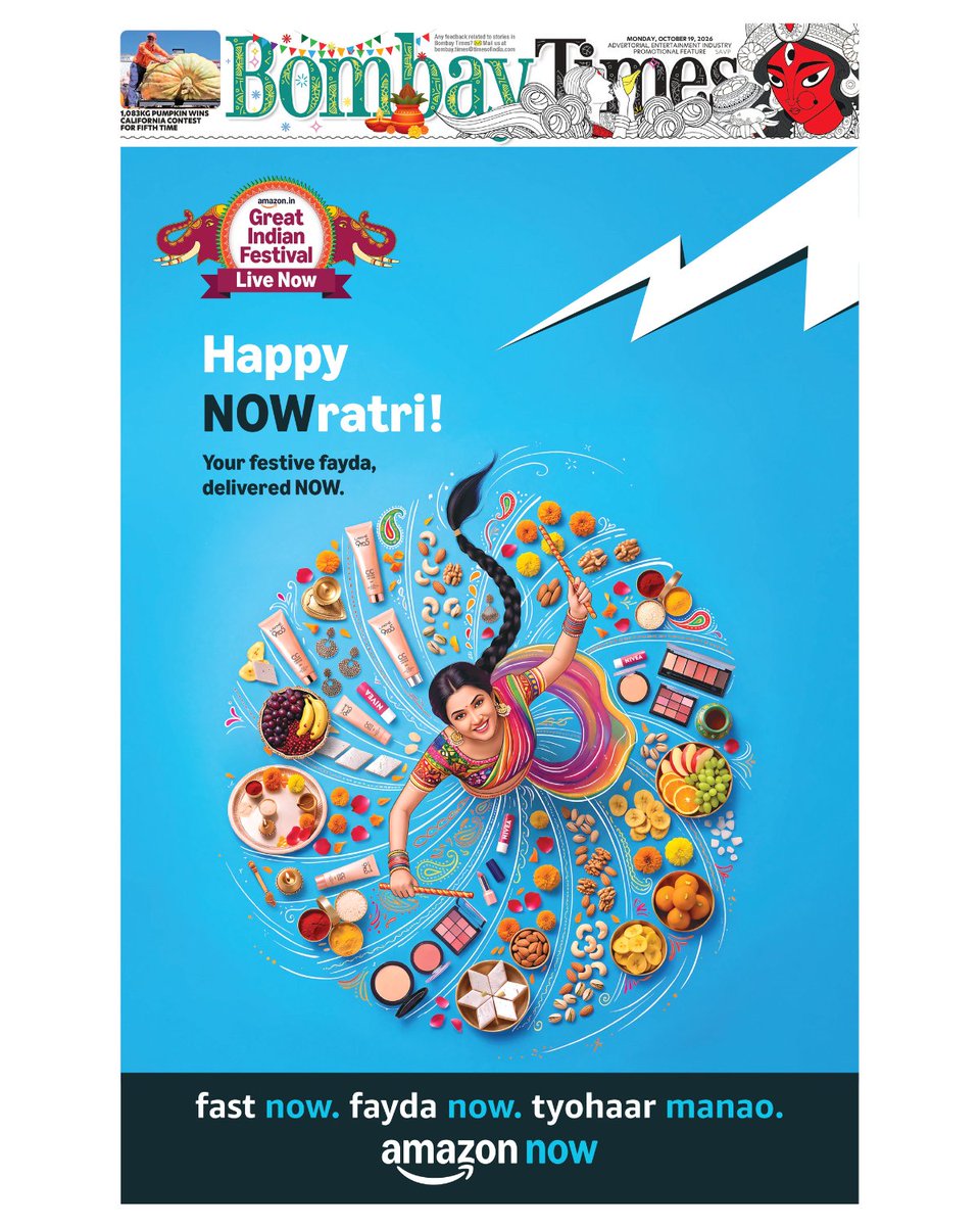 TimesResponse's tweet photo. Festive shopping, made quicker! Amazon Now brings Navratri essentials and festive deals to the pages of The Times of India Metro Supplements with #NOWratri, making every celebration easier and more joyful. https://t.co/62e452KZN1