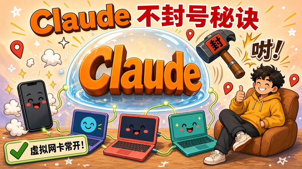 980911302Com's tweet photo. Claude 不封号秘诀我摸出来了：所有设备虚拟网卡一直开着别关。日区苹果号加礼品卡开的，用了四个月，手机加三台电脑来回换，节点满世界乱切，到现在屁事没有😂 https://t.co/2mc5fgQ073