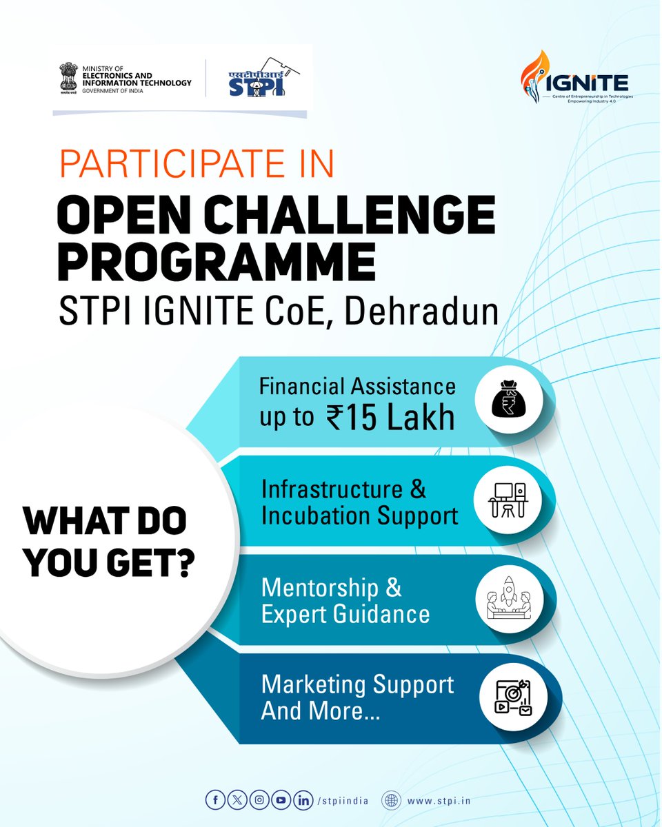 stpiindia's tweet photo. #STPIOpenChallengeProgramme

🚀 Startups, looking to accelerate your Industry 4.0 innovation? STPI IGNITE CoE, Dehradun invites you to participate in the Open Challenge Programme and access the support needed to take your startup forward.

✨ What’s in store for you?
🔹 Financial Assistance up to ₹15 Lakh
🔹 Incubation & Infrastructure Support
🔹 Mentorship & Expert Guidance
🔹 Marketing Support and more...

📅 Last Date to Apply: 25 October 2026

📲 Apply now: https://t.co/qjOLBlLwbs

#STPI #STPIOpenChallengeProgramme #OpenChallengeProgramme #STPIIGNITE #IGNITECoE #Industry4 #Startups #StartupIndia   

@GoI_MeitY @AshwiniVaishnaw @JitinPrasada @SecretaryMEITY @arvindtw @_DigitalIndia @NeGD_GoI @stpinext @GovtUttarakhand