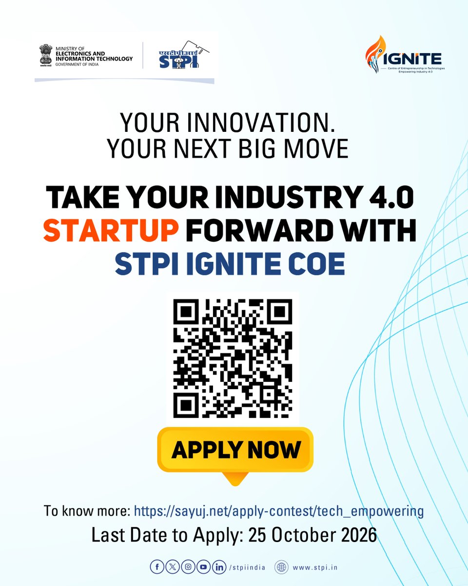 stpiindia's tweet photo. #STPIOpenChallengeProgramme

🚀 Startups, looking to accelerate your Industry 4.0 innovation? STPI IGNITE CoE, Dehradun invites you to participate in the Open Challenge Programme and access the support needed to take your startup forward.

✨ What’s in store for you?
🔹 Financial Assistance up to ₹15 Lakh
🔹 Incubation & Infrastructure Support
🔹 Mentorship & Expert Guidance
🔹 Marketing Support and more...

📅 Last Date to Apply: 25 October 2026

📲 Apply now: https://t.co/qjOLBlLwbs

#STPI #STPIOpenChallengeProgramme #OpenChallengeProgramme #STPIIGNITE #IGNITECoE #Industry4 #Startups #StartupIndia   

@GoI_MeitY @AshwiniVaishnaw @JitinPrasada @SecretaryMEITY @arvindtw @_DigitalIndia @NeGD_GoI @stpinext @GovtUttarakhand