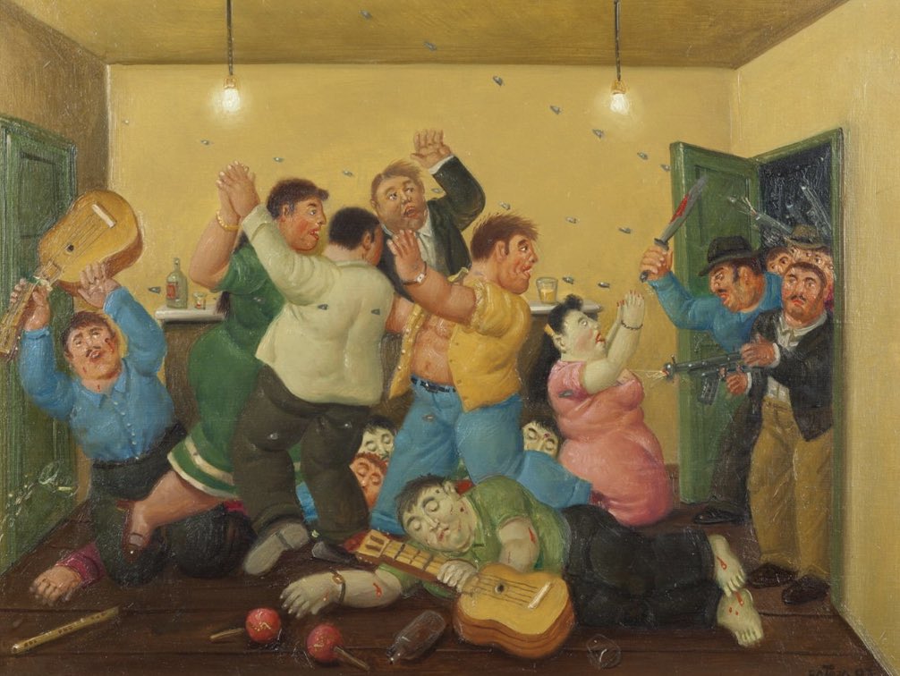 HELIODOPTERO's tweet photo. En un gran recinto del Banco de la República está la extraordinaria y generosa donación del maestro Fernando Botero. Allí se encuentra, entre muchos, el óleo sobre la terrible masacre de La Mejor Esquina, una de las primeras cometidas por los narco-paramilitares a los que Espriella “asesoraba” en  Ralito.

Vayan a ver esa exposición permanente, antes de que Espriella y su depredadora @mincultura la retiren y la quemen en una hoguera.

Ya destruyeron, hace pocos días, la Paloma de la Paz de Botero que estaba en la Casa de Nariño.