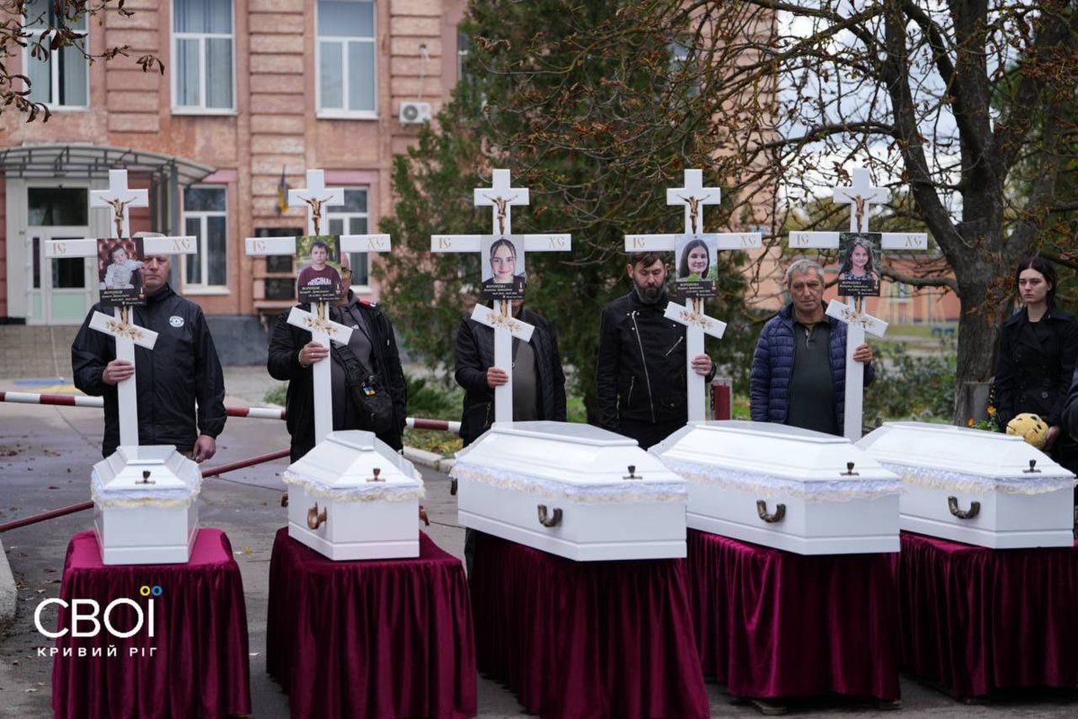 saintjavelin's tweet photo. On July 30, russia struck a home in Radushne, near Kryvyi Rih, killing 10 members of the Voronov family: two parents, their seven children and their 18-month-old grandson. According to preliminary findings cited by President Zelenskyy, the missile was North Korean.

Today, the remaining five children were finally laid to rest. It took more than two months of DNA testing to identify their remains.

All while the Trump administration keeps making excuses for every Russian action.