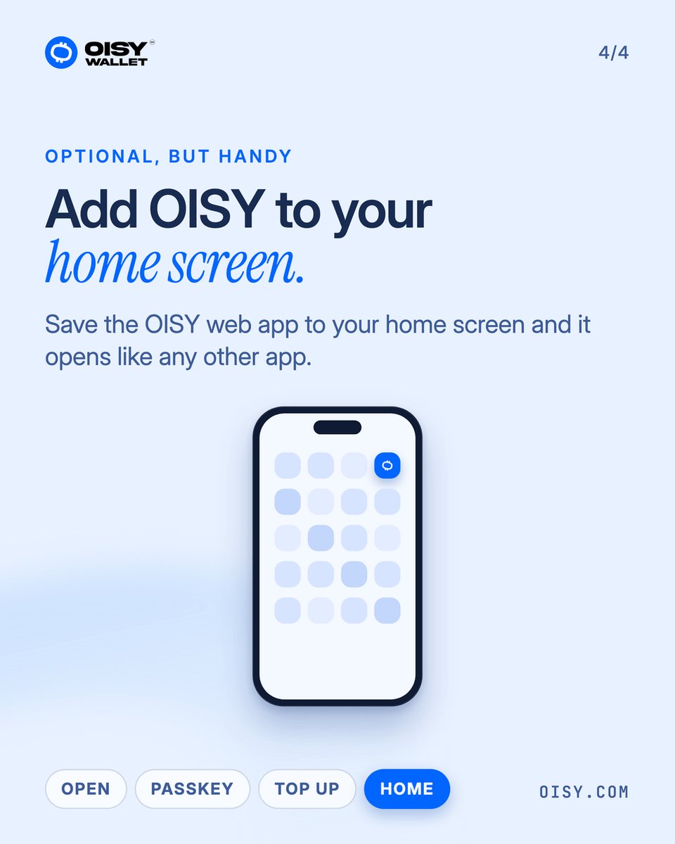 oisy's tweet photo. The easiest way to create a new OISY wallet.

Open oisy dot com, create your account with Internet Identity or Google, make a passkey,

That's the whole setup.

There's nothing to download, because OISY runs in your browser.

Add it to your home screen if you want it to open like an app.