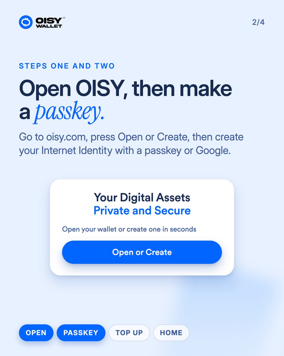 oisy's tweet photo. The easiest way to create a new OISY wallet.

Open oisy dot com, create your account with Internet Identity or Google, make a passkey,

That's the whole setup.

There's nothing to download, because OISY runs in your browser.

Add it to your home screen if you want it to open like an app.