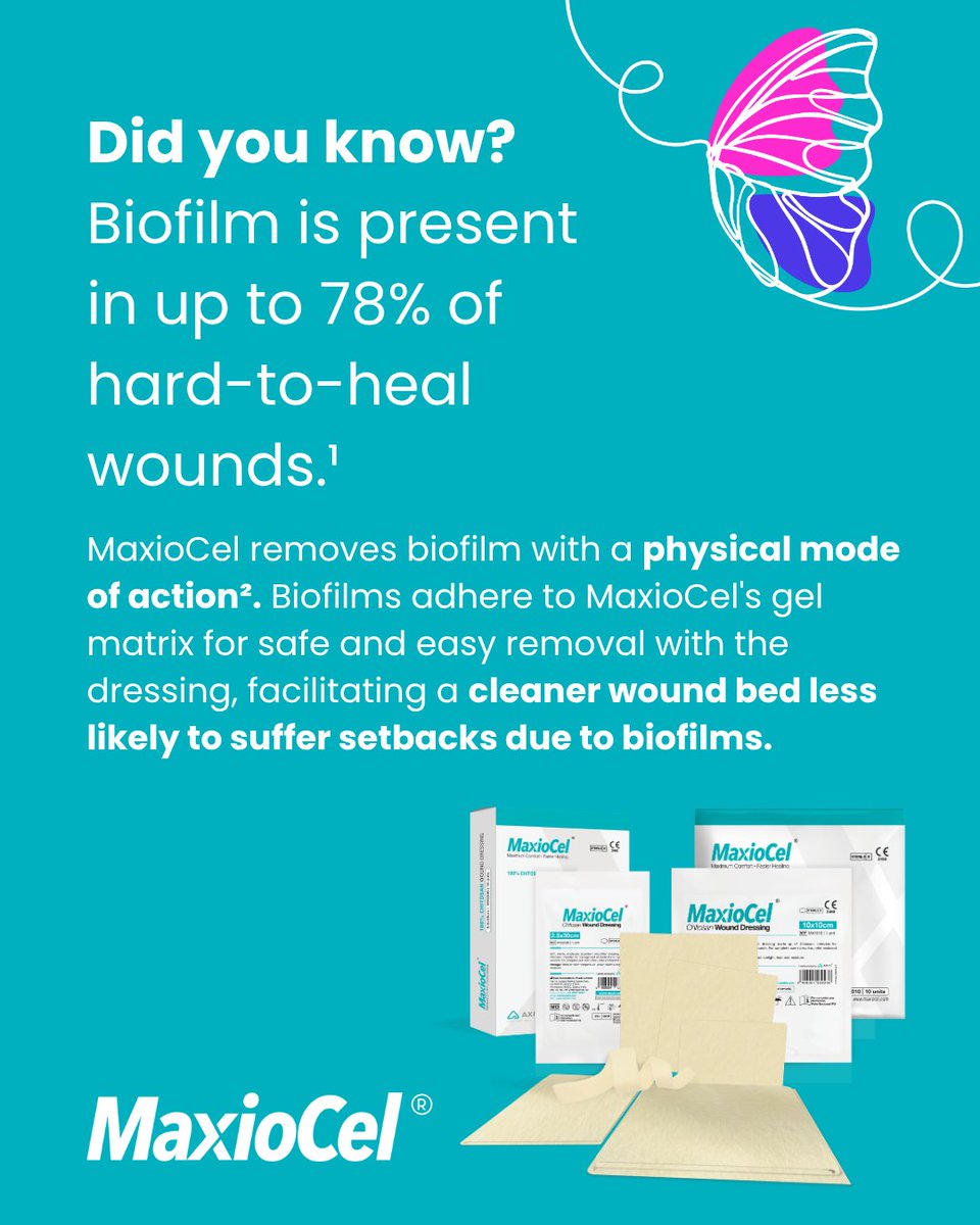 CDMedical's tweet photo. Did you know? Biofilm is present in up to 78% of hard-to-heal wounds.¹ MaxioCel removes biofilm with a physical mode of action². Biofilms adhere to MaxioCel's gel matrix for safe and easy removal with the dressing, facilitating a cleaner wound bed less likely to suffer setbacks. https://t.co/PWQiKNbkU8