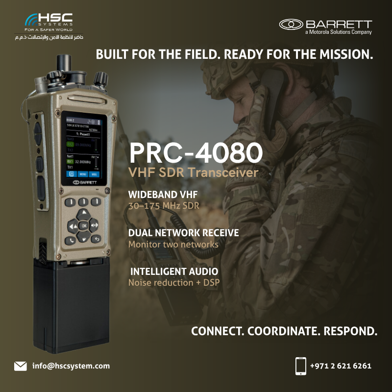 HSCSystem's tweet photo. Built for the field. Ready for the mission. Barrett PRC-4080 delivers flexible VHF communications for demanding operations.

#HSCS 
#forasaferworld #uae #abudhabi #dubai #digitaltransformation
#MotorolaSolutions #Barrett 
#PRC4080 #VHF #SDR 
#ملتزمون_ياوطن
#نتصدر_المشهد https://t.co/0VotN6pDVb