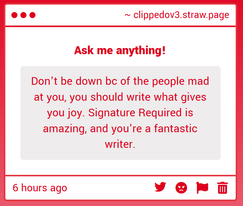 clippedov3's tweet photo. thank you! I try, lol, all I want is for people to enjoy reading it as much as I enjoy writing it,, https://t.co/zow9h7J3dS
