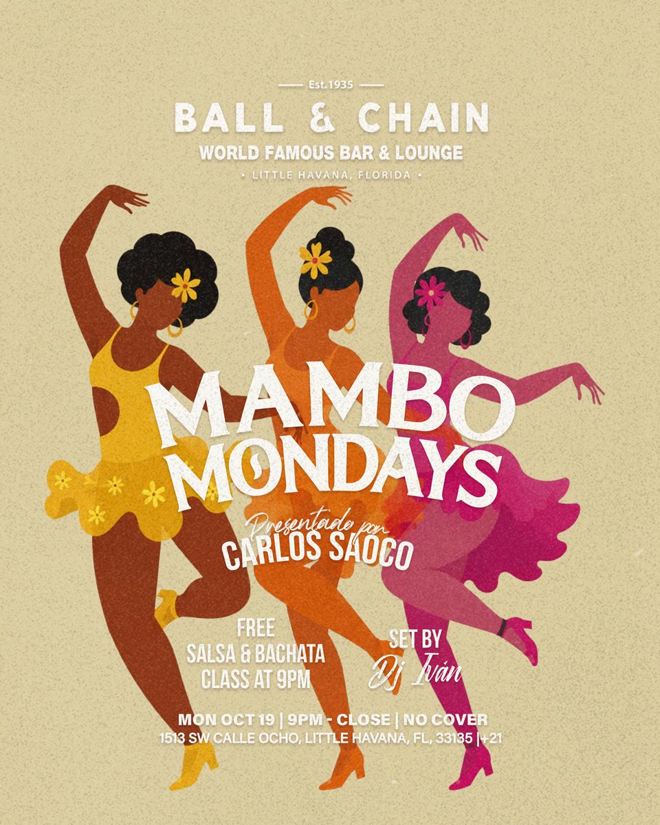 BallAndChainBar's tweet photo. TODAY: #LiveMusic NOW to 6 p.m., #HappyHour 4 to 7, #LiveJazz 6 to 9, then #MamboMondays with DJ Ivan + a FREE #SalsaClass &amp; #BachataClass, 9

TOMORROW: #Bachatuesday includes DJ Vila + a FREE #BachataLesson

#supportlocal https://t.co/z7b3b6aDZZ
🍍💚 https://t.co/NGa9o578XP