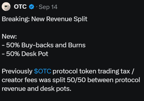 BitWebster's tweet photo. Now that the dust has settled, and people have got their anger out on me, and the dev of @otc_labs has blocked me. Here is my official write-up of the situation:

$OTC was a project I have been bull-posting for since it's inception as I am a huge advocate of giving back to the user in as many ways as possible without extracting. I am a huge proponent of giving back to the small fish, especially with @Pumpfun extraction tactics.

However, over the last few weeks I have seen a few red flags I could not ignore with $OTC.

The dev is solo, undoxxed and he refuses to hire a team. This has 2 issues, 1. The dev goes to sleep, dies or goes rogue the project is finished. 2. The dev does not communicate well. This combination creates uncertainty. The website sometimes went down for over 12 hours at a time and communication was absent for over 24 hours. Dev has improved slightly on communication but still lacks direct communication with the community.

Dev blocks anyone with criticisms and talks to people arrogantly and from a place of power. He claims to listen to community but then applies negative changes when no on asked him to.

On September 14th, the Dev announced the new $OTC token creator fee split. This was 50% buy-back and burns and 50% to desks - awesome (I thought) . Then recently I was looking at the new documents and the dev has now changed it to 50% going to himself (protocol) and 50% to desks. $OTC creator fees no longer go towards buy backs and burns. No one was aware of this change and there was no announcement.

Then, he changed another aspect of the fee structure - launchpad token fees produced on the platform. Previously, people were receiving dividends for holding $OTC paid in $SOL. Dev (without asking the community) got rid of dividends completely, and increased his own share of revenue to himself from 7.5% to 12.5%. 

Why does he need to increase that when he already is getting 50% of creator fees from the $OTC token itself? Dev claims it was to only increase buy backs and desk rewards. This is partly true, but he left out the increase of revenue to himself whilst removing all dividends for holders. (please refer to the 2 images provided below).

I had many people in my dms wondering where the dividends went, there was no announcement officially and ever since, the buying pressure of $OTC has reduced significantly since there is now much less incentive to hold the token over the desk NFTS.

I have been receiving overwhelming amounts of abuse. I don't want to come here and complain but I will call a spade a spade. I have been in this space too long and I have seen the temptation of greed ruin too many projects so I stop these people in their tracks before they ruin and extract from a project and bleed it dry.

The reason for my crashout was the dev openly selling over 1% of $DOPE on his public fomo account and claimed 'it hardly moved the chart'. Not the point, the point is this was your best runner and you decided to clip $45,000 in one go ontop of your loyal holders. This was the final straw for me after putting in hours upon hours of grind to build up the DOPE community.

Dev refuses to address my questions so I am here to ask them and gain clarification publically. This is the only way to get asnwers because the dev does not reply to DMs. Because right now I am confused on why the dev is trying to handicap his own successful project.

If these questions get addressed I will return to $OTC but right now there are too many red flags to ignore and I want answers. Many other people are agreeing with me, many are angry at because it is kicking up dust.

Quite frankly, I have the right to say whatever I want. This is not baseless fud, you can verify my claims on the OTC website and the tweets from the dev in the past. 

Thanks for reading , I know this was a long one. I want to make no enemies I just want this project to succeed and not get extracted to zero.