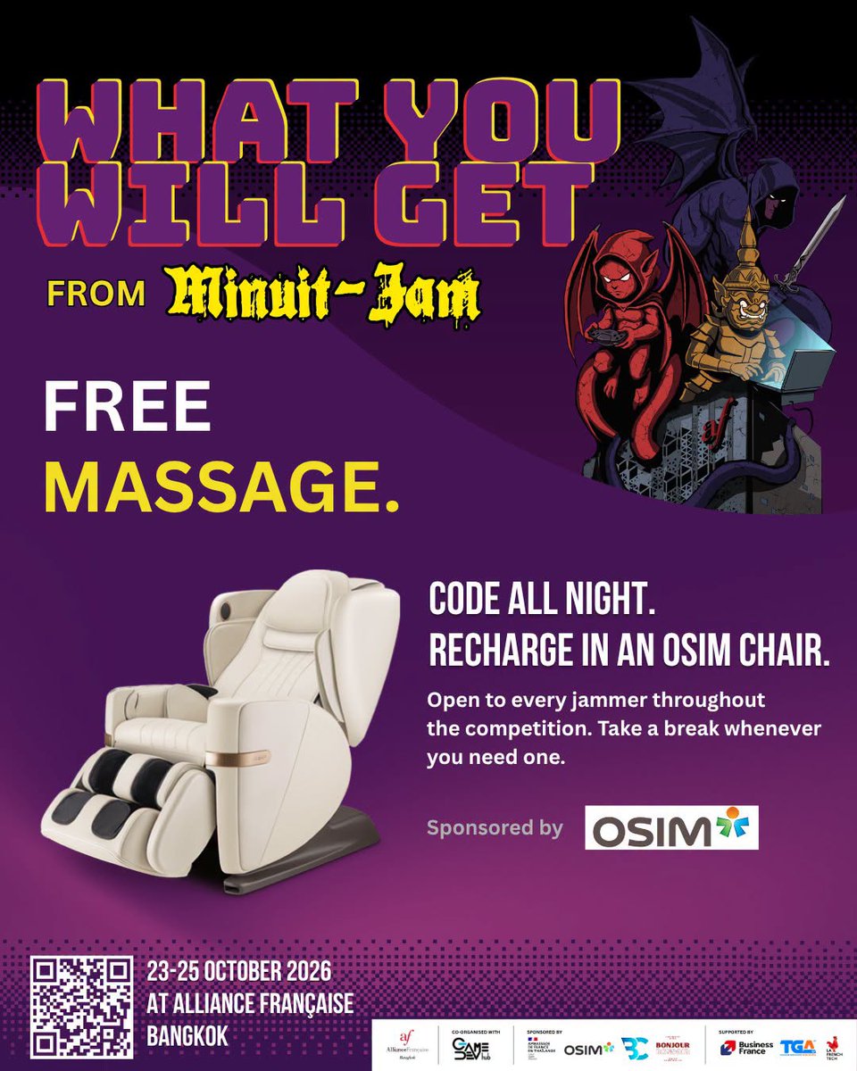 GameDevHub_'s tweet photo. Join Minuit-Jam at @AFBKK, 23 to 25 October 2026 and you will get:

Free OSIM massage chairs, open to every jammer
Ready-made audio asset packs
Guidance from experienced developers
Free lunches and dinners

Only THB 300 | Book your spot now!
Registration https://t.co/GdNRMz0kOr https://t.co/RaYBl9OUum