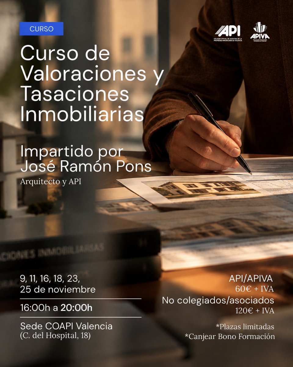 COAPI_Valencia's tweet photo. Curso de Valoraciones y Tasaciones Inmobiliarias
Impartida por José Ramón Pons, arquitecto y API.

Los días 9, 11, 16, 18, 23 y 25 de noviembre, de 16:00 a 20:00 h  en calle Hospital, 18.

API / APIVA: 60€ + IVA
No colegiados / asociados: 120€ + IVA

🎟️ ¡Plazas limitadas! https://t.co/8MazYFnPOj