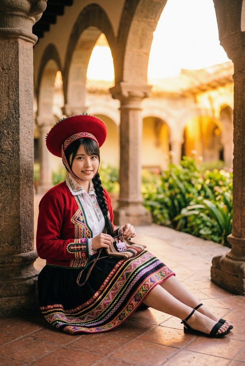 REI_AImodel's tweet photo. #REI民族衣装シリーズ 第4弾 🇵🇪
​歴史感じるコロニアル建築の回廊にて。
ペルーの伝統的な帽子『モンテラ』と鮮やかな刺繍が映える美しくて温もりのある装い。
ウールやベルベットの生地がすごく温かくて、手織り布の心地よさにほっこりしたっちゃよね✨
#AI美女 #民族衣装 https://t.co/uzq1PzVxMD