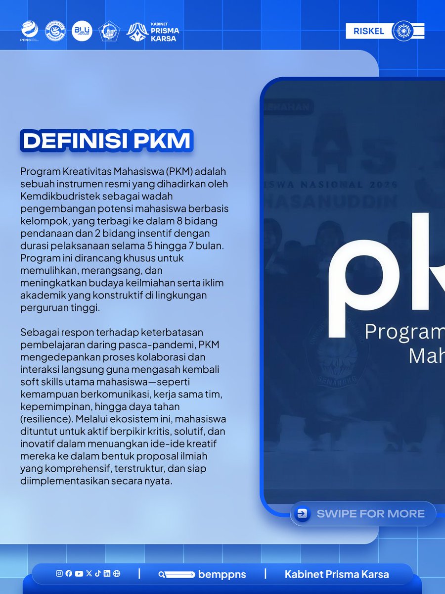 bemppns's tweet photo. PKM merupakan wadah bagi mahasiswa untuk mengembangkan ide kreatif, inovasi, dan kemampuan berpikir kritis melalui berbagai bidang kegiatan. Melalui PKM, kamu bisa menuangkan ide menjadi karya yang bermanfaat, menambah pengalaman, sekaligus mengasah kemampuan bekerja sama tim. https://t.co/QMcMQxbmLA