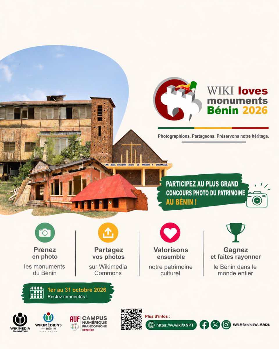 WikimediaBj's tweet photo. @wikimonuments 2026 au Bénin continue 🇧🇯 ! Photographiez nos monuments et préparez vos clichés pour les prochains ateliers de téléversement.
Date limite 🗓️ 31 octobre ! 👉 https://t.co/KrP9LiSQKh
#WLMBenin #WLM2026 https://t.co/GBbX0DCOKm