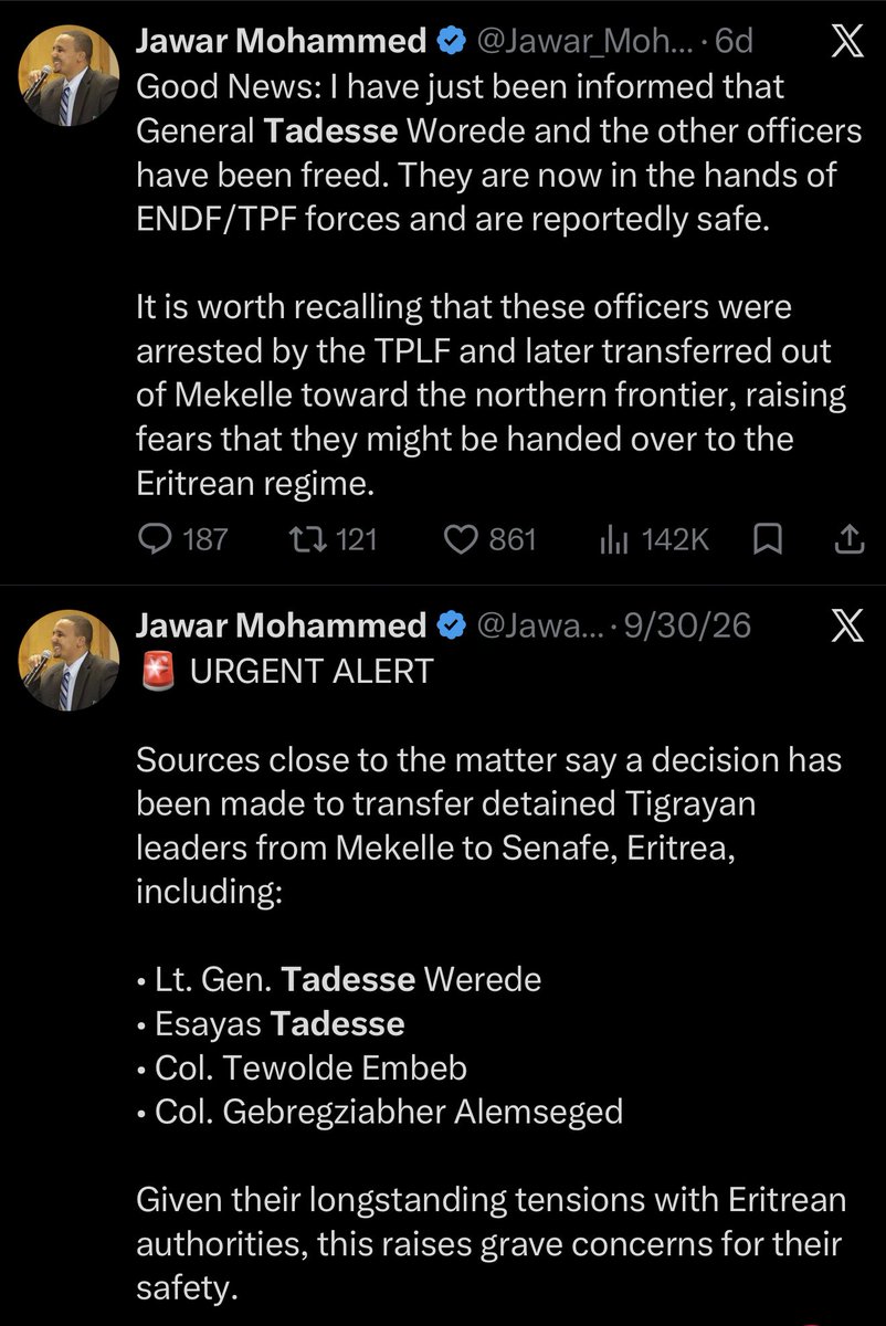 OrtodoxMD's tweet photo. ቀደዳን: @Jawar_Mohammed ይቀደዳት! 😭

@Jawar_Mohammed: “Sources close to the matter say a decision has been made to transfer detained Tigrayan leaders from Mekelle to Senafe, Eritrea, including: Lt. Gen. Tadesse Werede.”

Also @Jawar_Mohammed: “I have just been informed that General Tadesse Worede and the other officers have been freed.”