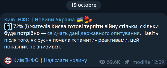 TKouilou's tweet photo. Ce chiffre est donné par le canal Kyiv info en Ukraine : 

 "72 % (!) des habitants de Kyiv sont prêts à endurer la guerre aussi longtemps que nécessaire — selon les résultats d’un sondage national réalisé par l’État. 
Même après que les Russkofs ont commencé à "spammer" avec des missiles à propulsion, ce chiffre n’a pas baissé"