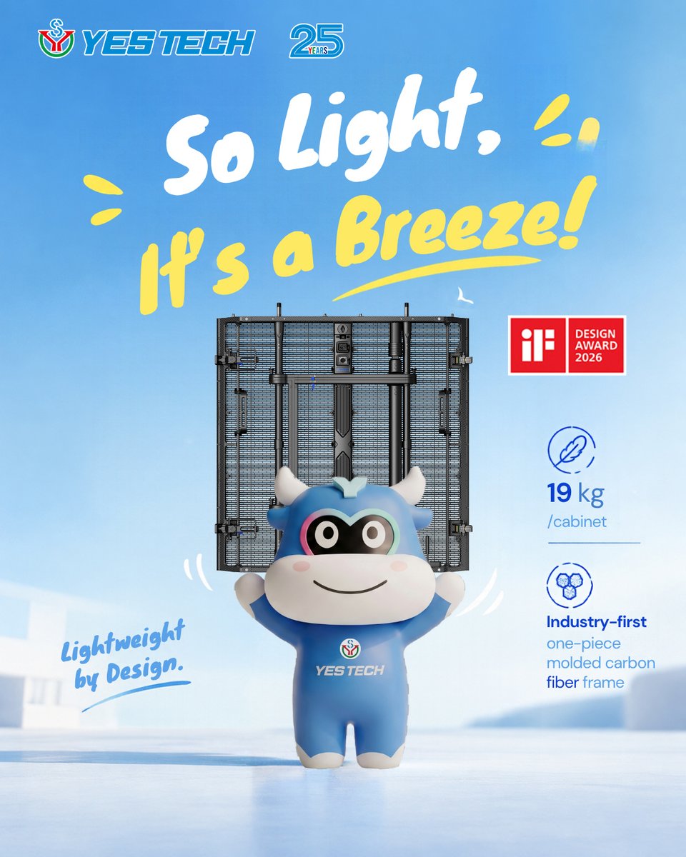 YESTECH_LED's tweet photo. So Light, It's a Breeze!
Every kilogram counts when you're loading, rigging and building a stage.
With a one-piece molded carbon fiber frame, YES TECH MAir weighs just 19 kg per cabinet, making handling easier and helping crews work more efficiently.
#YESTECH #LightweightLED https://t.co/9qIGnmvPJp