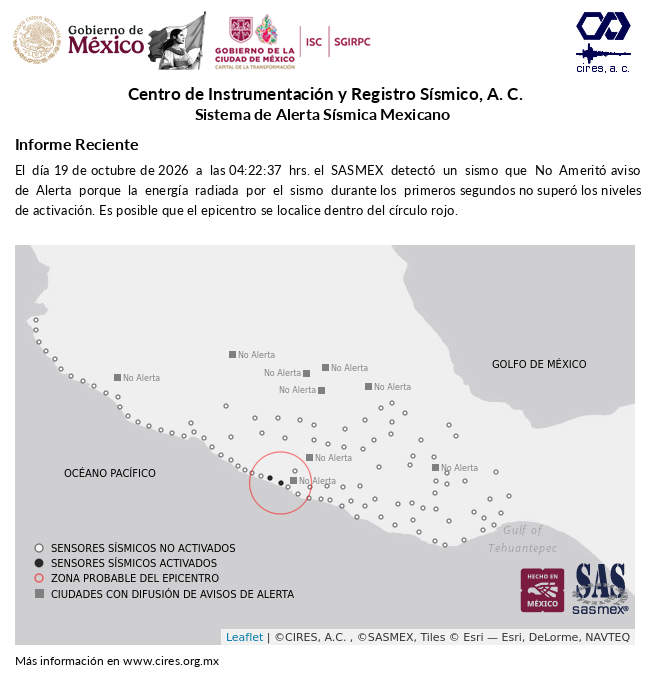 SASMEX's tweet photo. Informe preliminar del #Sismo detectado el 19-oct-26 a las 04:22:37 hrs. #TenemosSismo #LaPrevenciónEsNuestraFuerza https://t.co/jnM8GCTbSC
