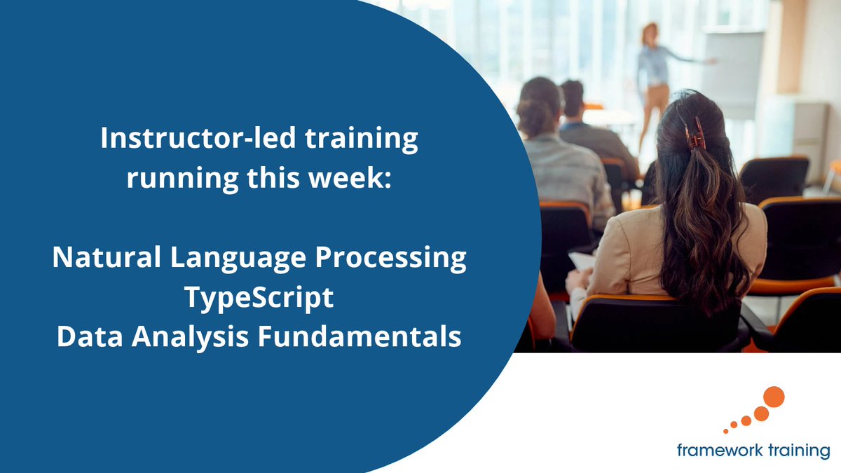 FrameworkTrain's tweet photo. Three teams from three organisations are on our instructor-led courses this week:
 
Natural Language Processing, TypeScript and Data Analysis Fundamentals. 

Quite different subjects, all taught live. See what else we run:  

https://t.co/fNMROExnoE https://t.co/brAL5nfJ27