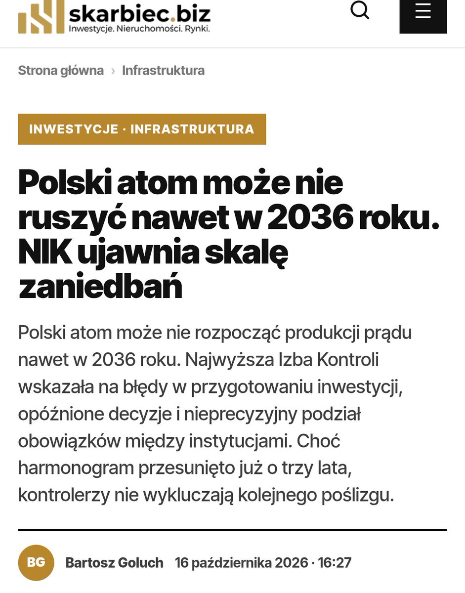 KonradKrajewsk6's tweet photo. Polski atom nie ruszy w 2033, a nawet 2036 rok jest już zagrożony. NIK właśnie obnażył absolutny chaos w najważniejszej inwestycji w kraju.

Zobaczcie na te liczby, bo to się nie mieści w głowie:
❌ 6 prezesów spółki i 6 pełnomocników rządu w 4 lata
❌ 4 różnych ministrów klimatu
❌ Finansowanie spóźnione o 3 lata
❌ Wniosek do KE wysłany 2 lata po terminie
❌ Decyzja środowiskowa – niemal rok obsuwy

Co w tym czasie urosło? Tylko etaty. Zatrudnienie w Polskich Elektrowniach Jądrowych skoczyło ze 118 do 430 osób – bez jasnego planu kadrowego i z rozmytymi kompetencjami.

Ministry do roboty! Naprawdę tak trudno usystematyzować obowiązki i przypilnować podstawowych terminów? Może państwo powinno wynająć prywatnego koordynatora harmonogramu, skoro urzędników przerasta pilnowanie kalendarza?