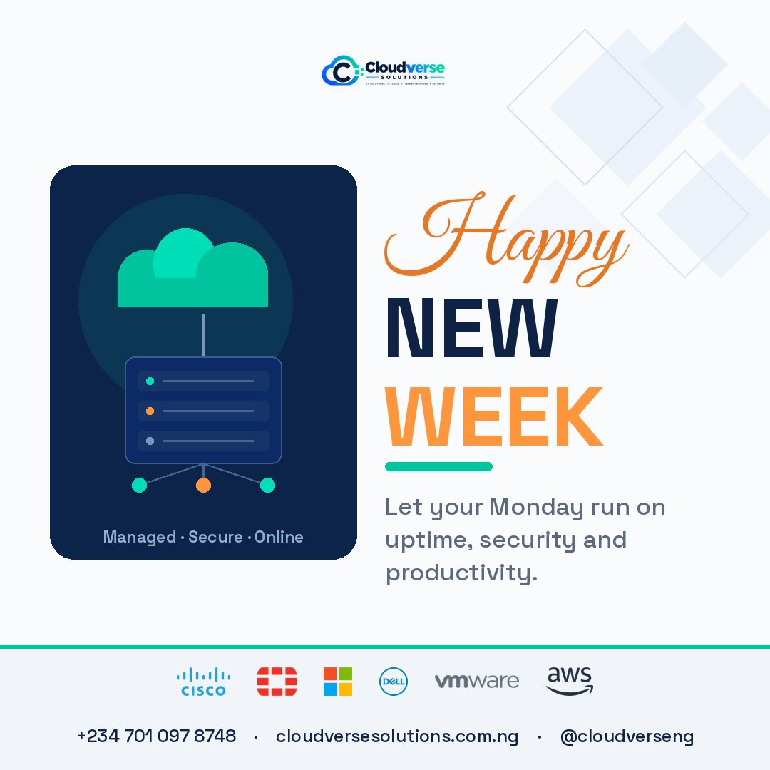 CloudverseNG's tweet photo. Happy New Week! 🚀

A fresh week is a fresh chance to get your business running right. Whether it's managed IT, networking, cloud, servers, CCTV, or security, Cloudverse keeps you online and productive.

Let's make this week count. 💼 https://t.co/iRg4YmdMP0