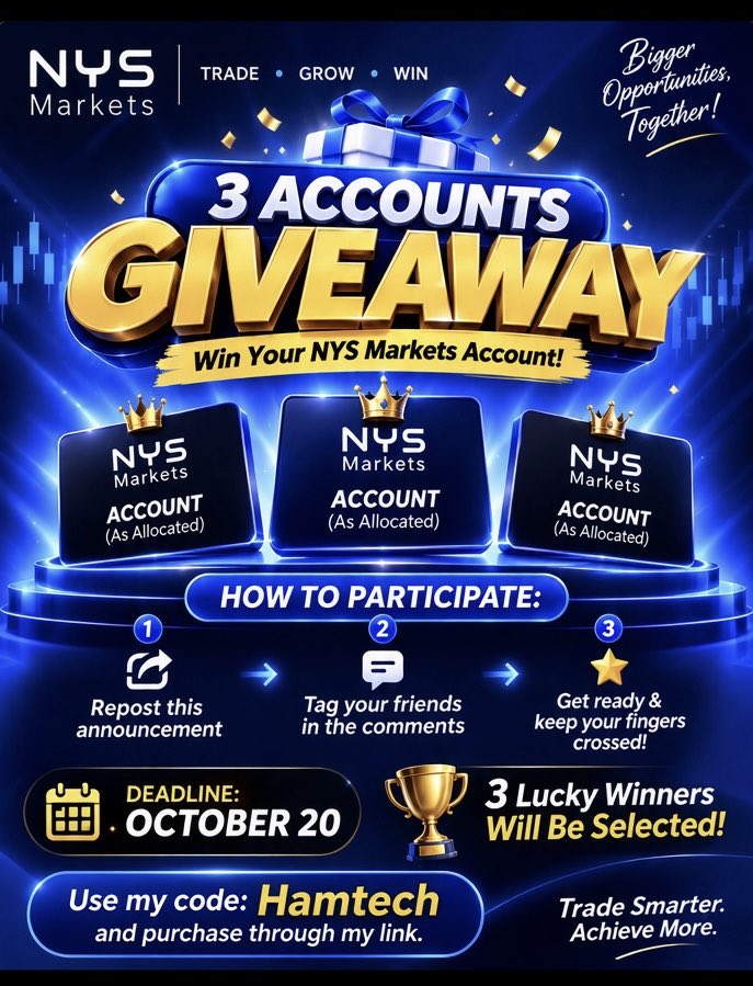 Hamtech01's tweet photo. I’m giving away 3 NYS trading accounts to lucky members of my community 👀📈
NYS is also running 50% OFF + 3X Giveaway Tickets 🎟️ How to enter: ✅ Sign up through my link ✅ Use code Hamtech ✅ Repost &amp; tag your friendsCampaign ends October 20!
🔗 https://t.co/8IPfBHKUnR https://t.co/0p6voP1SKs