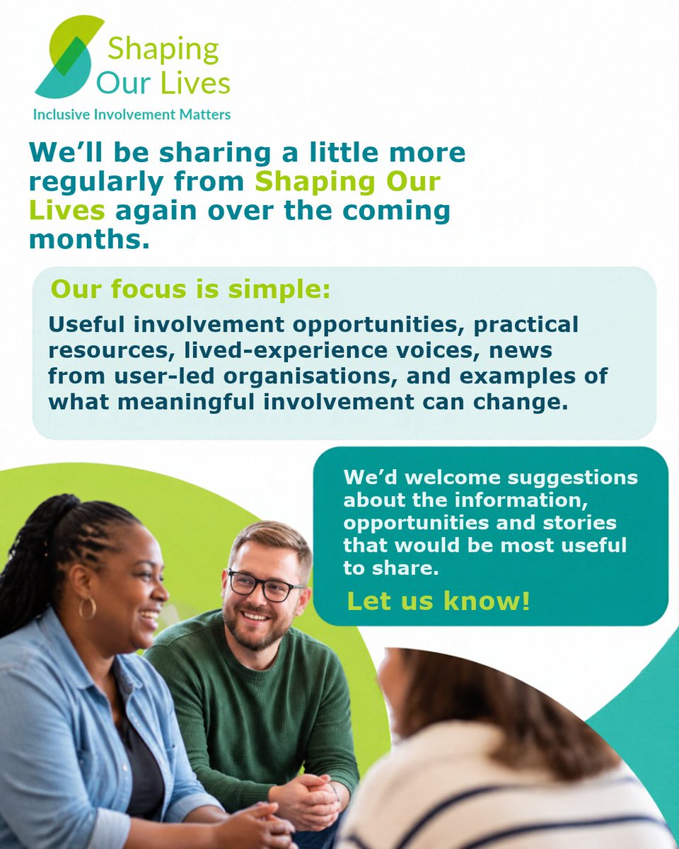 Solnetwork1's tweet photo. We are excited to relaunch our social media channels!

#ShapingOurLives #InclusiveInvolvement #DisabilityInclusion #HaveYourSay

Image description: A Shaping Our Lives graphic in green and teal, featuring the organisation's logo and three people smiling and talking together. https://t.co/y0MyBnE5DU