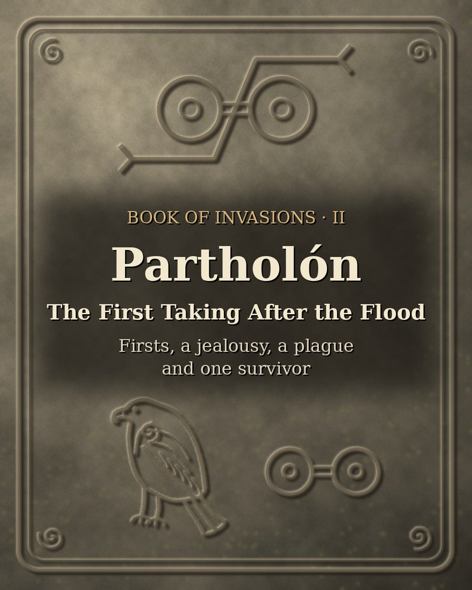 dalriada36963's tweet photo. Ireland lay empty for 300 years after the Flood. Then Partholón came, and the Book of Invasions credits his people with Ireland's first ploughing, first house, first brewing, first battle and first jealousy. 🌾

In Lebor Gabála Érenn, the medieval "Book of the Taking of Ireland", Partholón son of Sera is the first to take Ireland after the Flood. He lands at Inber Scéne in the south-west on a Tuesday, the fourteenth day of the moon. Keating's History, drawing on the old books, says he sailed from Greece and fled there after killing his own father and mother in a struggle for the kingship. He came with his wife Delgnat and his sons Laiglinne, Slanga and Rudraige. Ireland was raw land then, with only three lakes, nine rivers and one plain, the Old Plain of Elta where no twig had ever grown. His people cleared four more plains. Seven lakes burst out of the ground in his time, and two of them gushed up as the graves of his sons were being dug. His first battle was fought at Mag Itha against Cichol and the Fomoraig, described as men with one arm and one leg.

The first jealousy happened in his own house. While Partholón was away, Delgnat slept with the henchman Topa. They grew thirsty and drank his sweet ale through its tube of red gold. When he came home and drank, he tasted both their mouths on the tube. In his anger he killed her little dog. Delgnat didn't apologise. Leave honey with a woman, milk with a cat, meat with a child and a tool with a craftsman, she said, and they will take it. The blame was his for leaving them alone. The book calls this "the right of his wife against Partholón", the first judgement in Ireland. The list of firsts goes on: the first cattle, a house and cauldron by Brea son of Senboth, ale and suretyship by Samailiath, the first guesthouse, and three druids whose names mean roughly Knowledge, Understanding and Inquiry.

None of it lasted. Partholón died on the Old Plain. His people were struck down by a week-long plague on the kalends of May, five thousand men and four thousand women. Only Tuan son of Starn, Partholón's nephew, survived. He was reshaped by God into many forms and lived on to tell the whole history to Finnian, centuries later. Ireland lay empty again for thirty years, until Nemed came.

Read more & learn the runes 👉 https://t.co/Gb5ufI3LMA

🪨 Like, repost & comment "RUNE" for 1 free Pictish rune pull

#LeborGabala #BookOfInvasions #IrishMythology