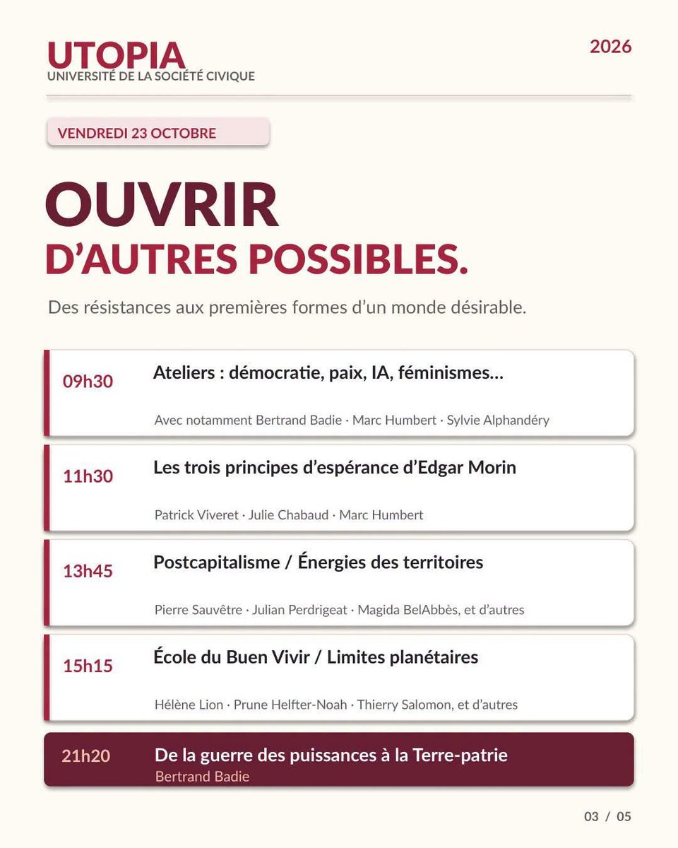 EmilienDeTours's tweet photo. Du 22 au 25 octobre Ă SĂšte, lâUniversitĂ© Utopia 2026 nous invite Ă construire la sociĂ©tĂ© du Buen Vivir, dans le sillage de la pensĂ©e dâEdgar Morin.
Avec notamment Bertrand Badie, Patrick Viveret et bien dâautres !
đ SĂšte
đ Programme et inscriptions : https://t.co/wO3ROLwOZs https://t.co/VCGwSUGfUi