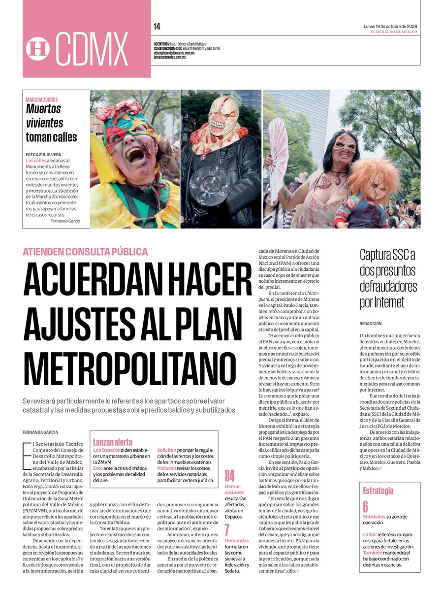 heraldodemexico's tweet photo. #EnPortada de El Heraldo de México:

🔵 “Me canso ganso que vamos a modernizar el sistema de salud”: Claudia Sheinbaum
🔵 Escala violencia por agua en Guadalajara
🔵 Horda zombie toma las calles de la CDMX

➡️ https://t.co/i3hvsmua1b https://t.co/6L6xUfqXfY