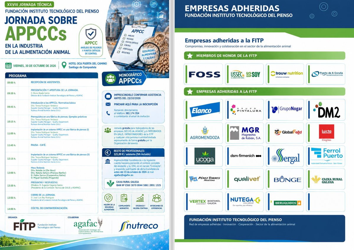 cesfac's tweet photo. 📢 El 30 de octubre, la FITP celebra en Santiago de Compostela su XXVIII Jornada Técnica sobre APPCC en la industria de la alimentación animal.

Una cita para profundizar en normativa y aplicación práctica.

🎟️ Gratis para socios de AGAFAC. Inscripción previa antes del 23/10. https://t.co/qhKmqCspcg