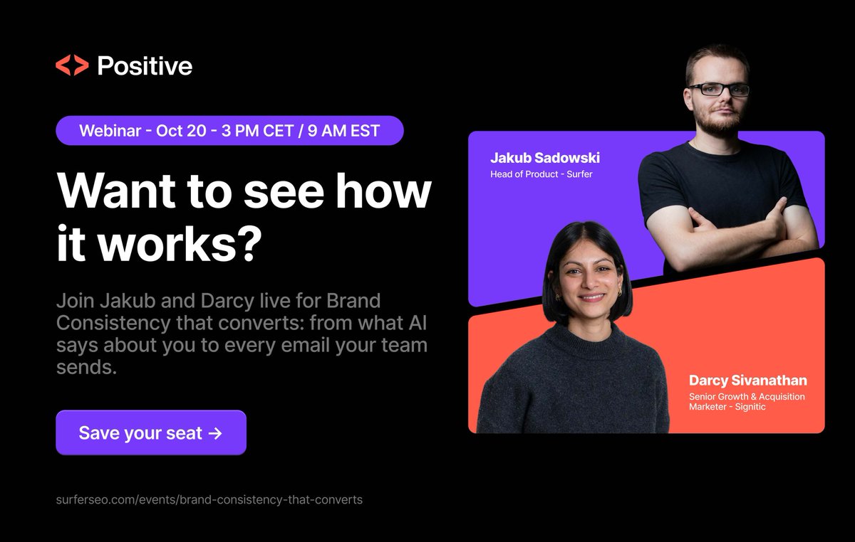 positive_surfer's tweet photo. ChatGPT, Claude, and other AI agents already describe your brand. Make sure your content tells the same story and remains consistent everywhere.

Live Oct 20, 3 PM CET / 9 AM ET:
→ See how AI search sees your brand
→ Create on-voice content at scale with AI
→ Turn email signatures into converting campaigns

🎁 Discounts and free resources for attendees

👇
https://t.co/WljLvMdTZz