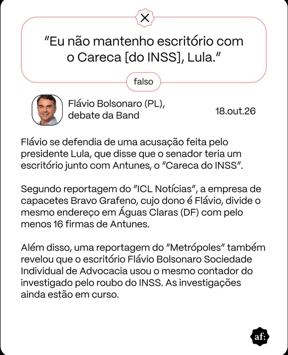 ukulwa7's tweet photo. Todas as mentiras contadas por Flávio Bolsonaro no Debate da Band e desmentidas pelo @aosfatos 

 #LulaPresidente2026 https://t.co/A0NHU0GDdw