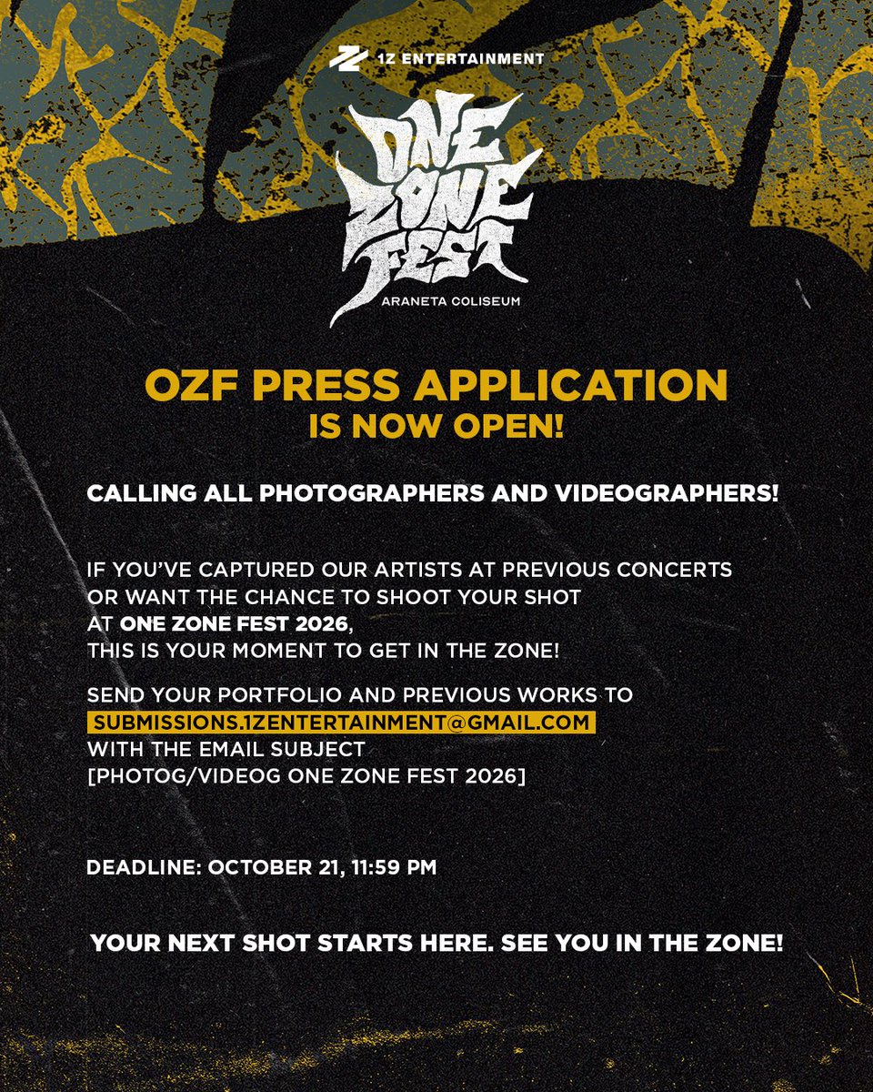 1zentertainment's tweet photo. 📣 THE ZONE IS READY FOR YOUR NEXT SHOT

Press applications for ONE ZONE FEST 2026 are now open! This is your moment capture the biggest weekend in the zone yet. 

📸 Calling all photographers and videographers! Check out the photo for the full application details.

#GetInTheZone #OneZoneFest #1ZEntertainment