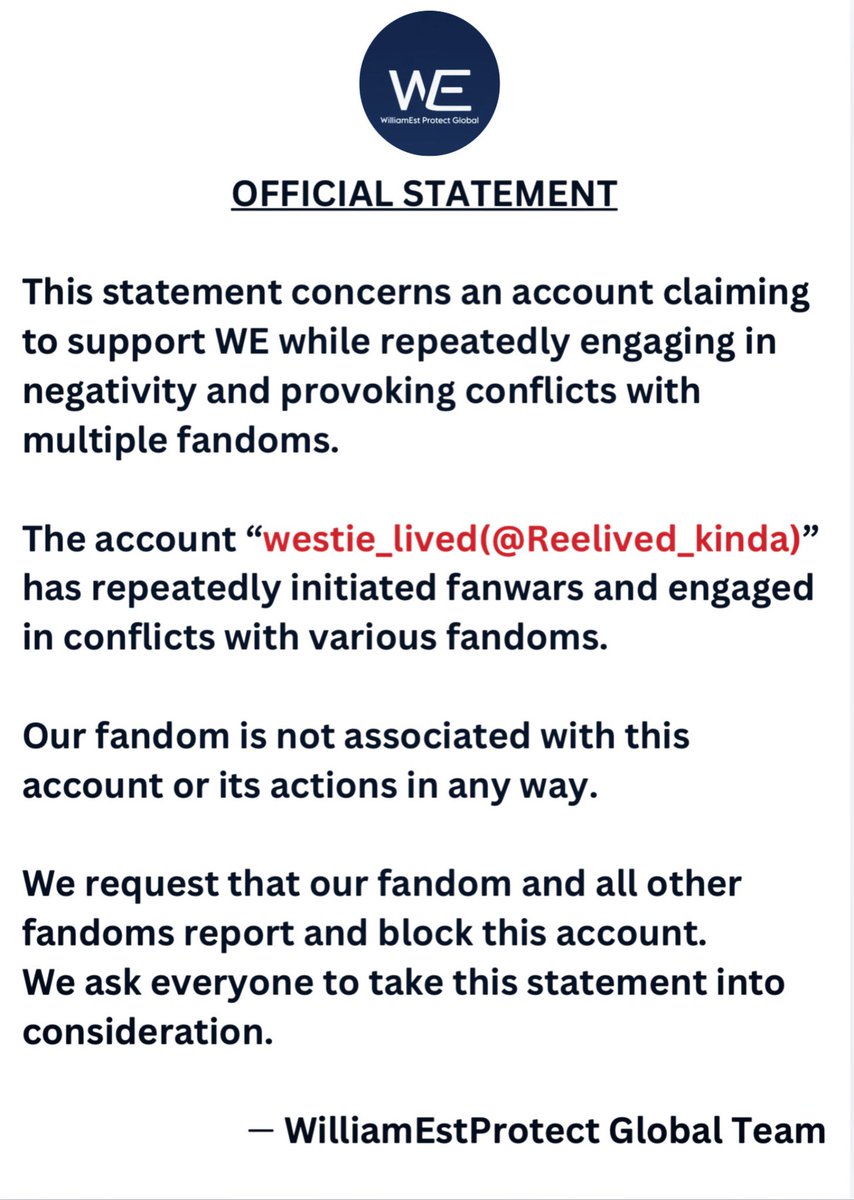 ProtectWillEst's tweet photo. [ OFFICIAL STATEMENT ]

This statement is regarding an account spreading hate and unnecessary fanwars towards our artist and fandom.

Please help spread this statement to avoid misunderstandings.

Regards,
WilliamEst ProtectGlobal Team

Account link🔗- https://t.co/0G0n15sYml https://t.co/Ev62vo7QAs
