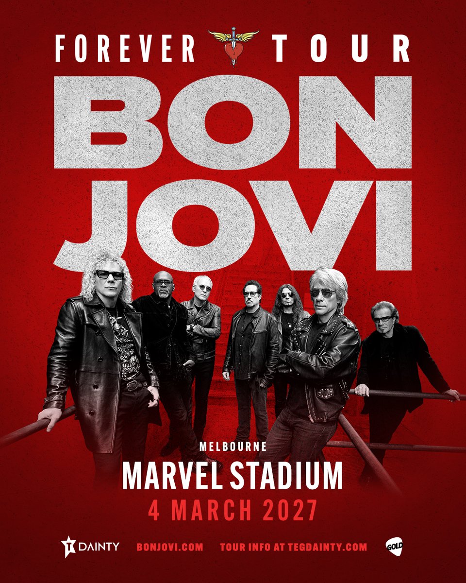 marvelstadiumau's tweet photo. 𝗝𝗨𝗦𝗧 𝗔𝗡𝗡𝗢𝗨𝗡𝗖𝗘𝗗: Bon Jovi are returning to Melbourne in 2027 🎸
Rock royalty Bon Jovi will bring the Forever Tour to Marvel Stadium on Thursday 4 March 2027, their first Australian shows in more than eight years.
𝗧𝗜𝗖𝗞𝗘𝗧𝗦:
🎟️ Venue Pre-sale: Thu 22nd Oct, 1:00PM (AEDT)
🎟️ General On-sale: Fri 23 Oct, 1:00PM (AEDT)