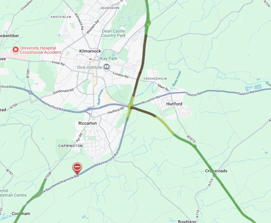 trafficscotland's tweet photo. @SWTrunkRoads UPDATE❗️⌚️12:09

🛣️#A77 Bellfield Interchange

The #A77 just after Bellfield Interchange is CLOSED in both directions due to a road traffic collision⛔️

Emergency services are at scene🚔 
 
Diversion information can be found below👇Traffic coping well in the area

@SWTrunkRoads https://t.co/TXg3BiODyU