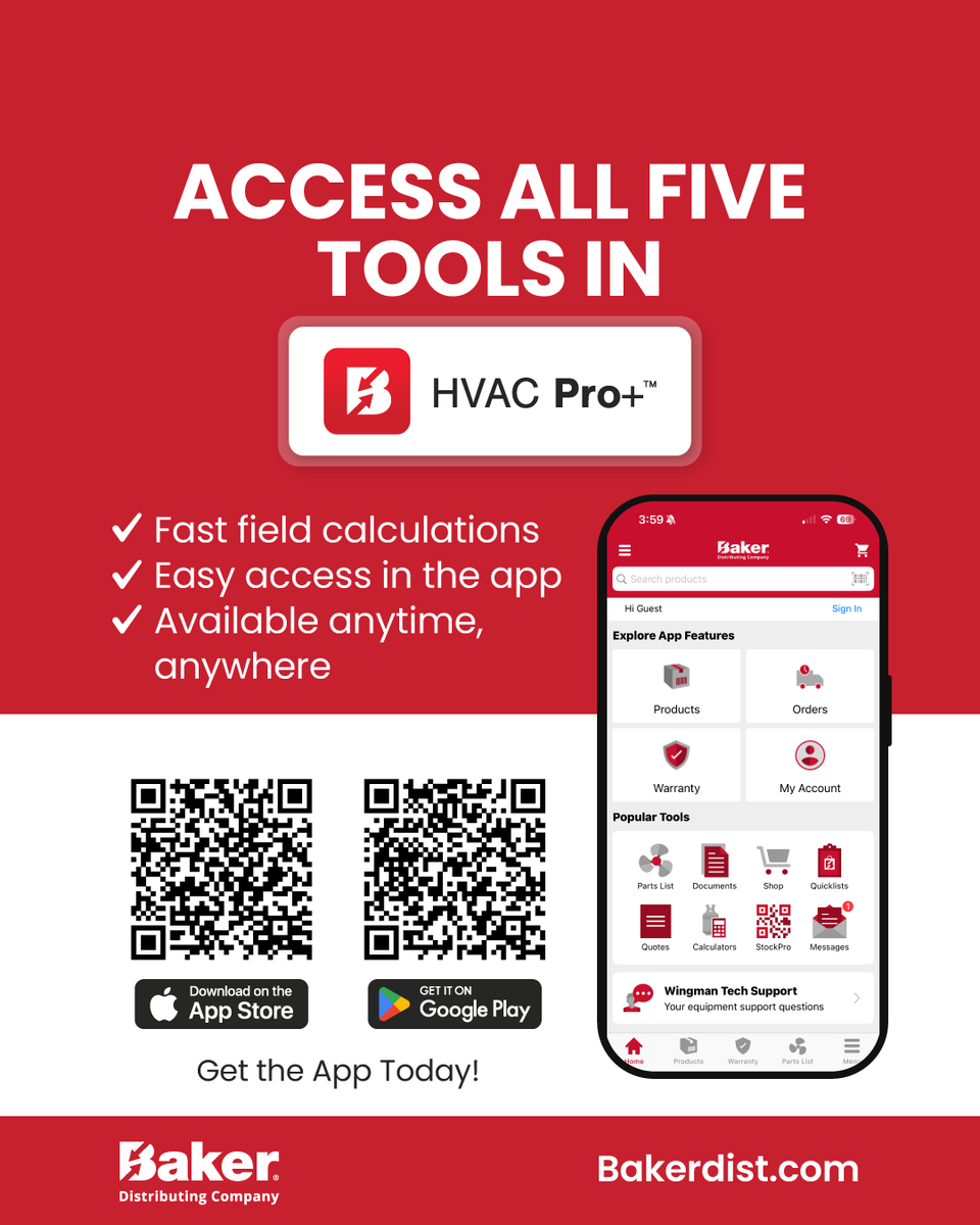 BakerDist's tweet photo. The tools you rely on most should always be within reach. HVAC Pro+ puts essential HVAC calculations at your fingertips, whether you're at the counter or on the jobsite. Check out the calculators in the app. 

📲Download now: https://t.co/vuJp5kVfZ9

#BakerDistributing #HVACPro https://t.co/3bOjRxD0AD