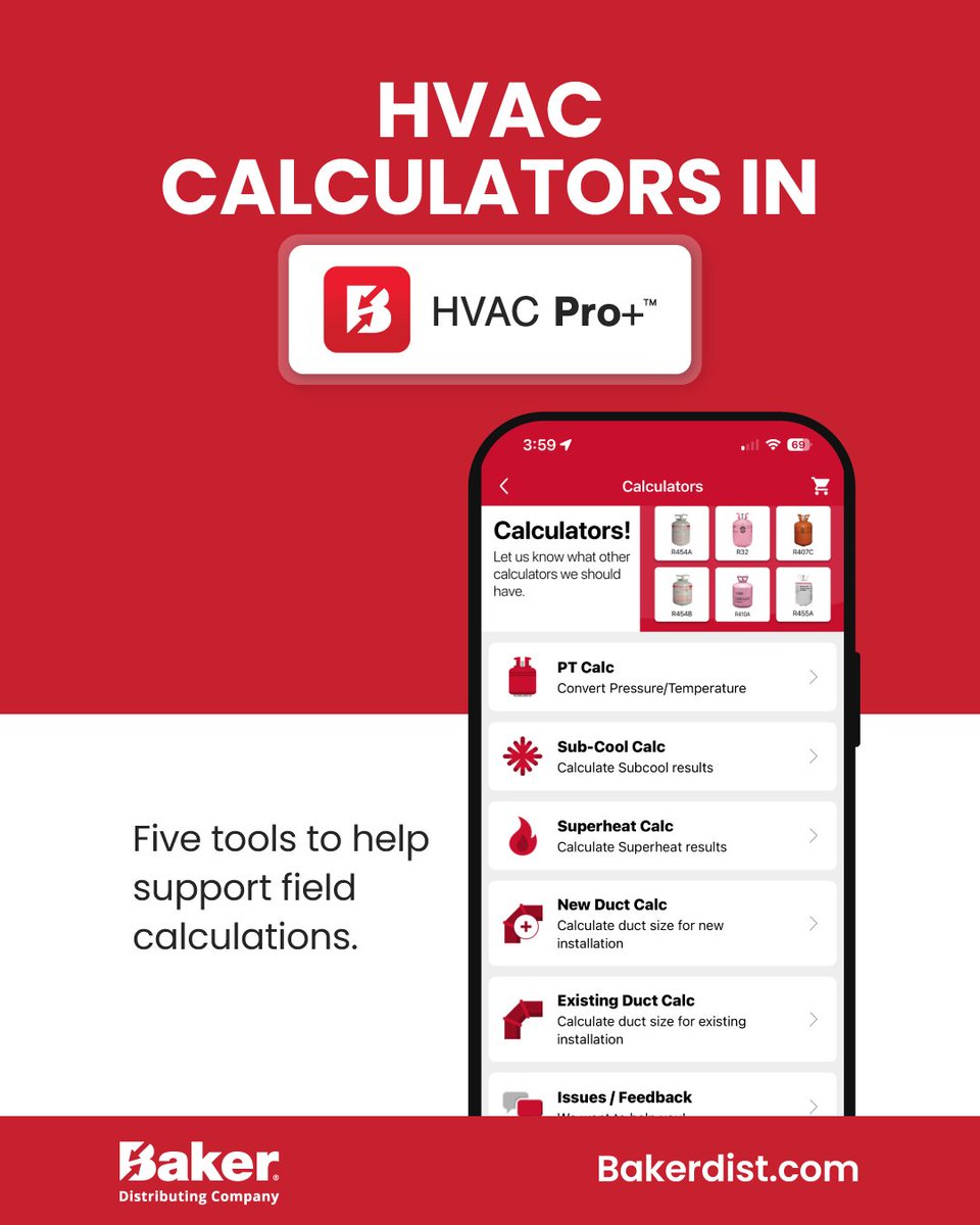 BakerDist's tweet photo. The tools you rely on most should always be within reach. HVAC Pro+ puts essential HVAC calculations at your fingertips, whether you're at the counter or on the jobsite. Check out the calculators in the app. 

📲Download now: https://t.co/vuJp5kVfZ9

#BakerDistributing #HVACPro https://t.co/3bOjRxD0AD