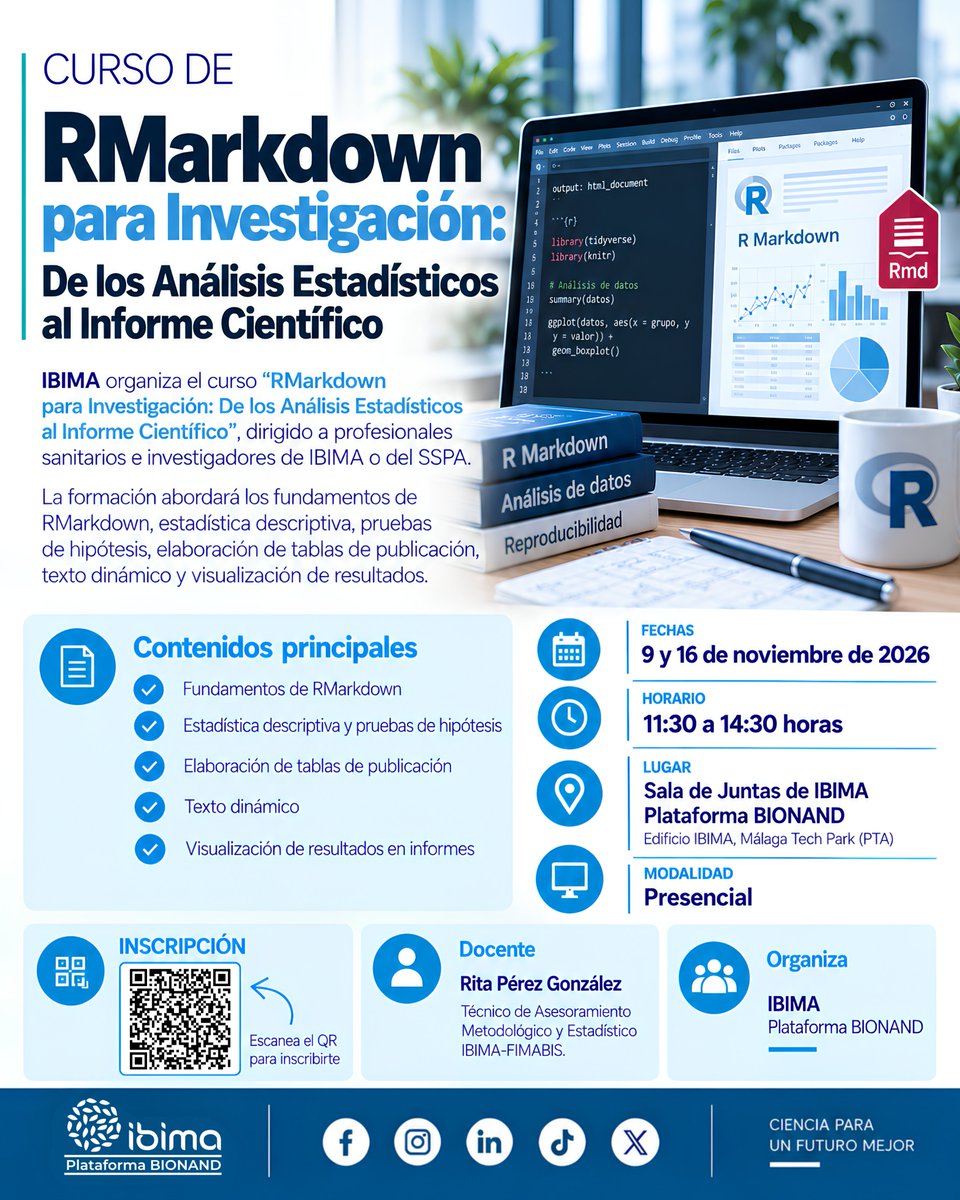 _ibima's tweet photo. 📊 ¿Quieres integrar tus #AnálisisEstadísticos e #InformesCientíficos en un solo paso?

Curso #IBIMA «RMarkdown para Investigación» para profesionales sanitarios e investigadores del SSPA.

🗓 9 y 16 nov 
⏰ 11:30-14:30h
📍 Sala de Juntas IBIMA (PTA)
✍️ : https://t.co/wsWGsJPvsq https://t.co/0LoClnLOAq