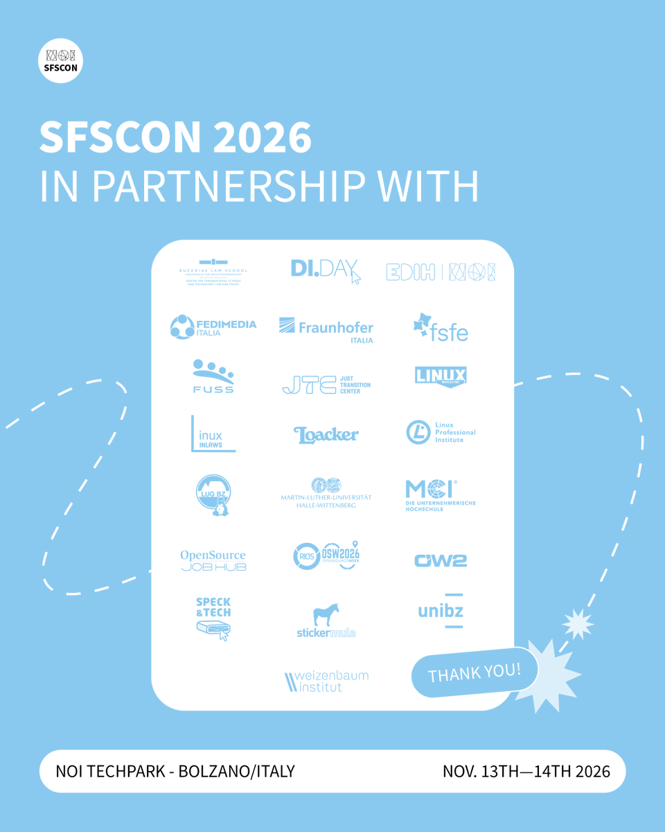SFScon's tweet photo. A big thank you to all our partners for contributing to #SFSCON26 and helping us bring the Free Software community together.

🤝 We’re happy to collaborate with organisations that support Software Freedom, open technologies and innovation in Europe and beyond. https://t.co/n7xWx9pCH6
