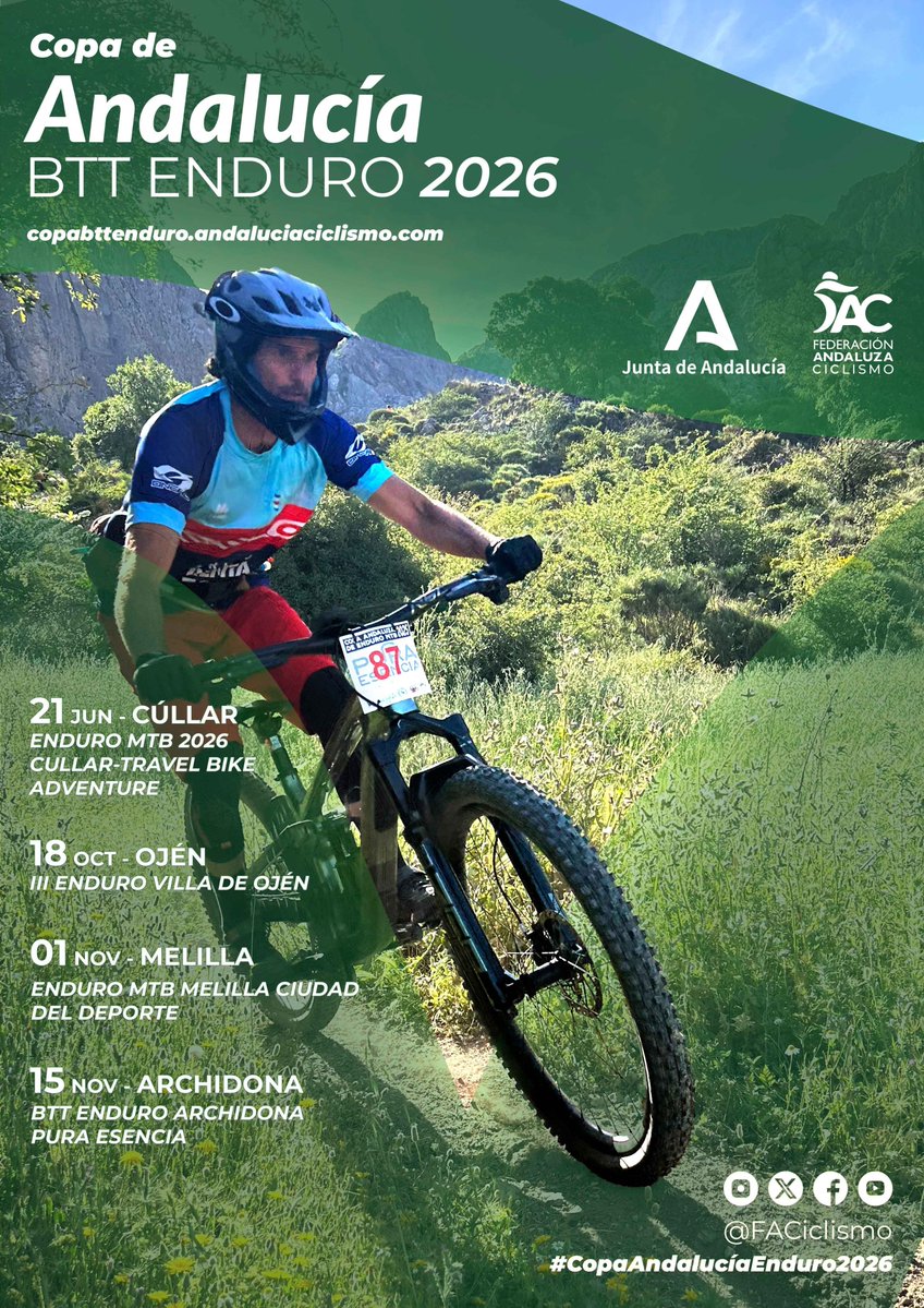 FACiclismo's tweet photo. 📝🏆🚵‍♀️🚵‍♂️Ya están abiertas las inscripciones para la 'BTT Enduro Archidona Pura Esencia': https://t.co/Zsee7CwLts
🗓️15/11/26
🏘️Archidona (Málaga).
🚵‍♀️🚵‍♂️Desde cadete.
🏆Última prueba #CopaAndaluciaEnduro2026 https://t.co/9nBoagUklJ