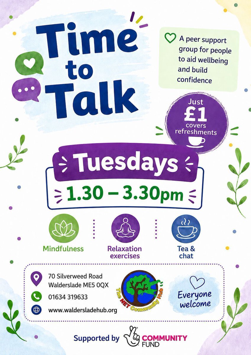 NetCommunityHub's tweet photo. It's #TimeToTalk on Tuesdays! Our peer support
group is the perfect place if you're feeling a bit low or lonely. Come along between 1:30-3:30pm for a cuppa, chat and mindfulness. £1 per person per
session includes refreshments. https://t.co/tu0t8HYpr8
