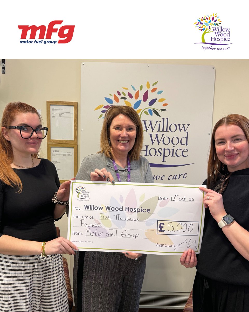 MotorFuelGroup's tweet photo. MFG is proud to donate £5,000 to Willow Wood Hospice. ❤️

The hospice provides specialist palliative and end-of-life care for patients and their families across Tameside and Glossop.

🔗 https://t.co/wQHLQaDPXb

#MFG #WillowWoodHospice #Community https://t.co/Wjd6guy1D4
