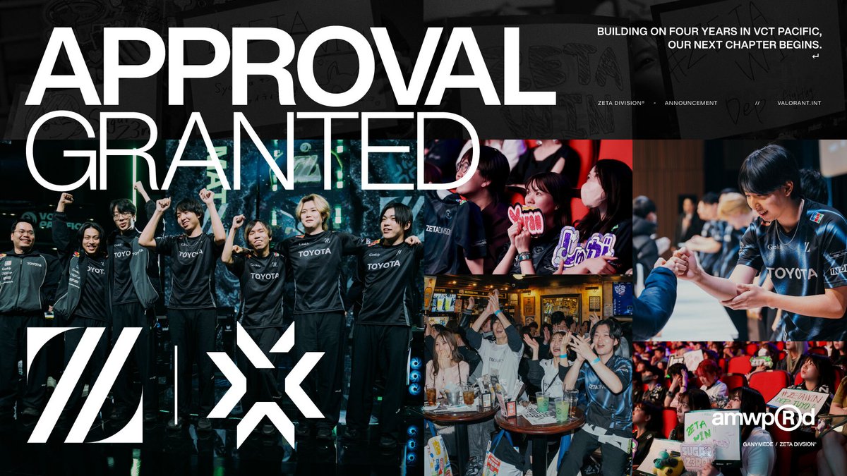 zetadivision's tweet photo. ⚡️ZETA DIVISION - VALORANT

このたび、ZETA DIVISIONはRiot Gamesとのパートナーシップを再締結し、VALORANT競技シーンにおける2027年開幕の新シーズンへ参戦することをご報告いたします。

📝https://t.co/BhywFbGdka https://t.co/F2BELQKp6A