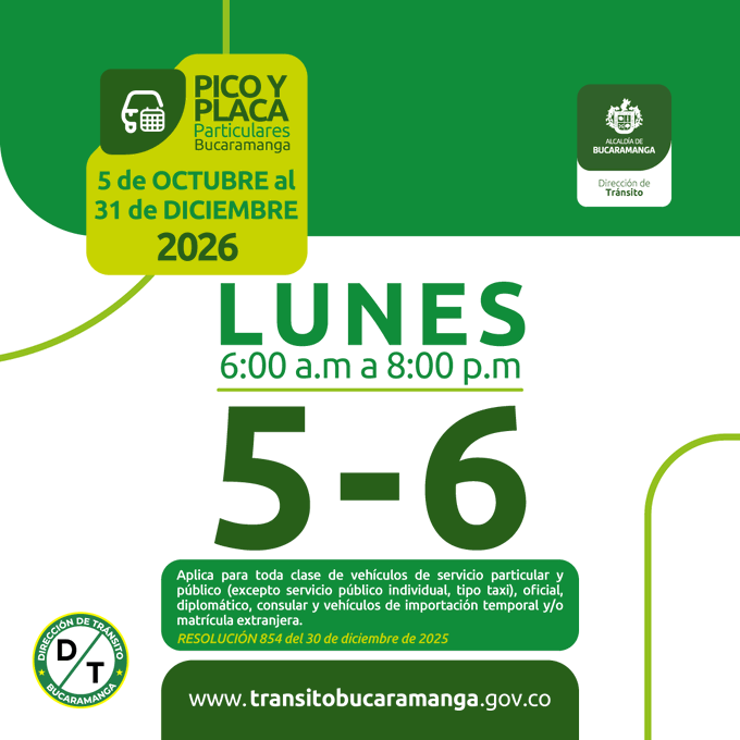 RCNBga's tweet photo. 🚦 #PicoYPlaca | ¡Feliz inicio de semana, #Bucaramanga! 💛🌼
🚗🏍️ Hoy, lunes 19 de octubre, tienen restricción los vehículos particulares y las motocicletas cuyas placas terminen en 5️⃣ y 6️⃣.

⚠️ ¡Programe sus recorridos y evite sanciones! https://t.co/vBJPjGhMM3