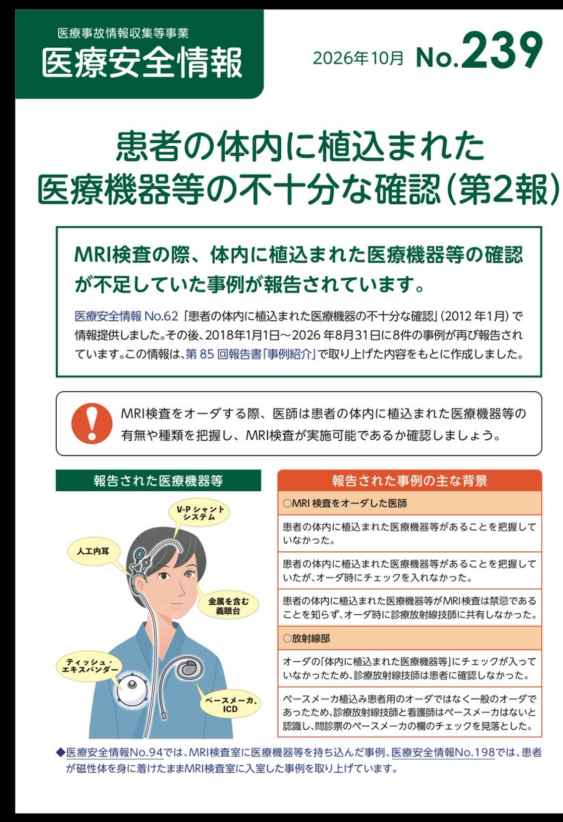 yoyoyoyo1051's tweet photo. 医療事故情報収集等事業 No.239 2026年10月

患者の体内に植込まれた医療機器等の不十分な確認 （第2報) 

MRI検査の際、体内に植込まれた医療機器等の確認
が不足していた事例が報告されています。

https://t.co/m3o4bPxzGJ https://t.co/Kms4EGbnOQ