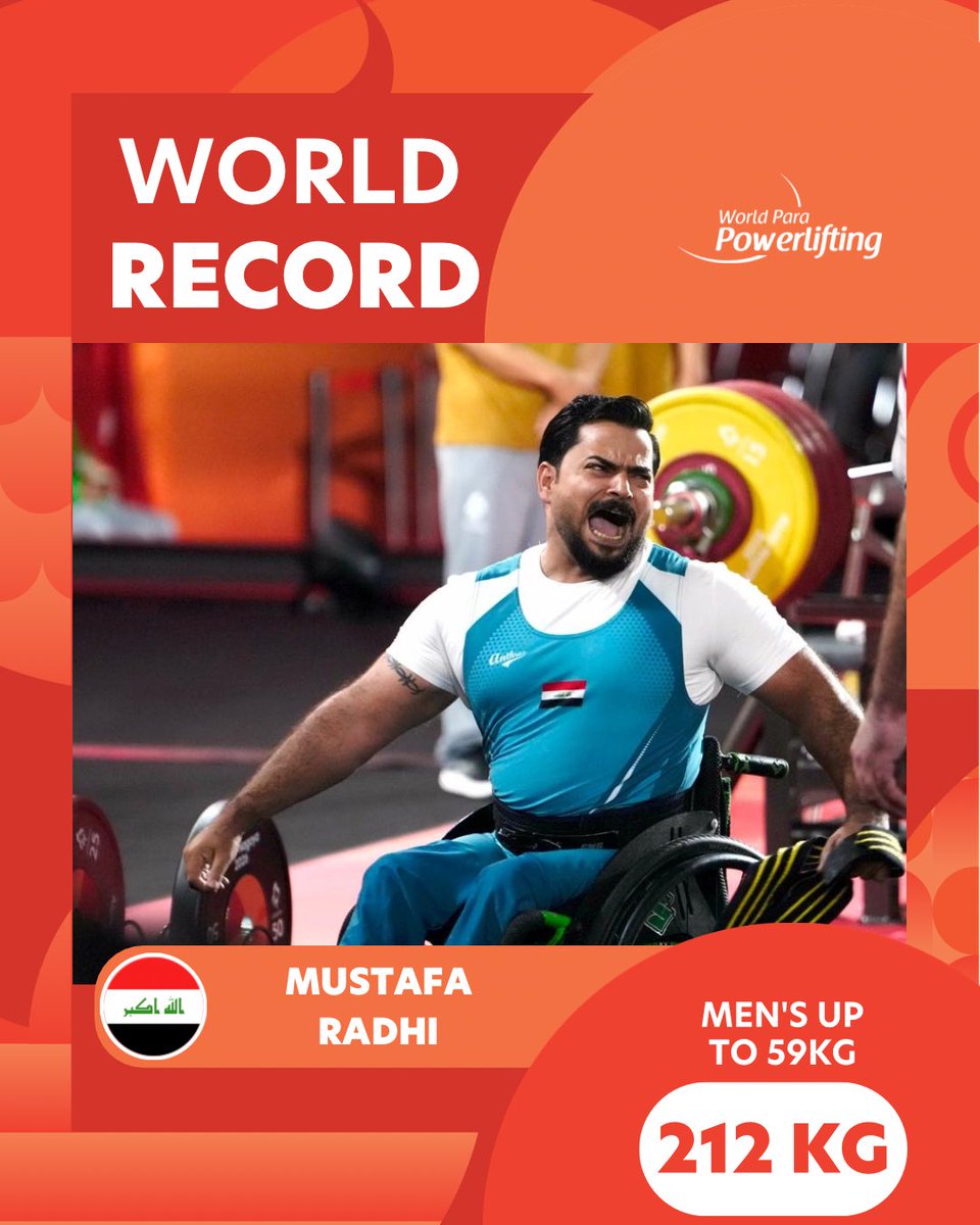 Powerlifting's tweet photo. Second World Record of the day! 
This is a day Mustafa Radhi 🇮🇶 will remember for the rest of his life! An outstanding performance, well done Mustafa 👏

#ParaPowerlifting #AichiNagoya2026 https://t.co/yrHEI1aDNv