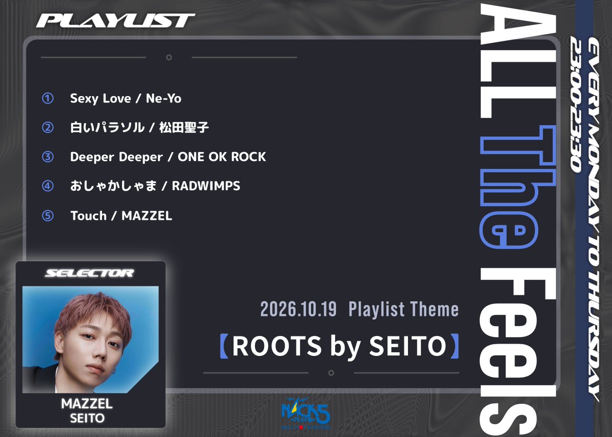 feels795's tweet photo. ▷ #feels795 ◁
┈ 10.19 (Mon) ┈

／

プレイリストテーマ【ROOTS by SEITO】✨
by MAZZEL #SEITO

＼

▼https://t.co/0gulMTnCpz

@MAZZEL_official
#MAZZEL #MAZZEL_Touch https://t.co/NBKfKfDpfJ